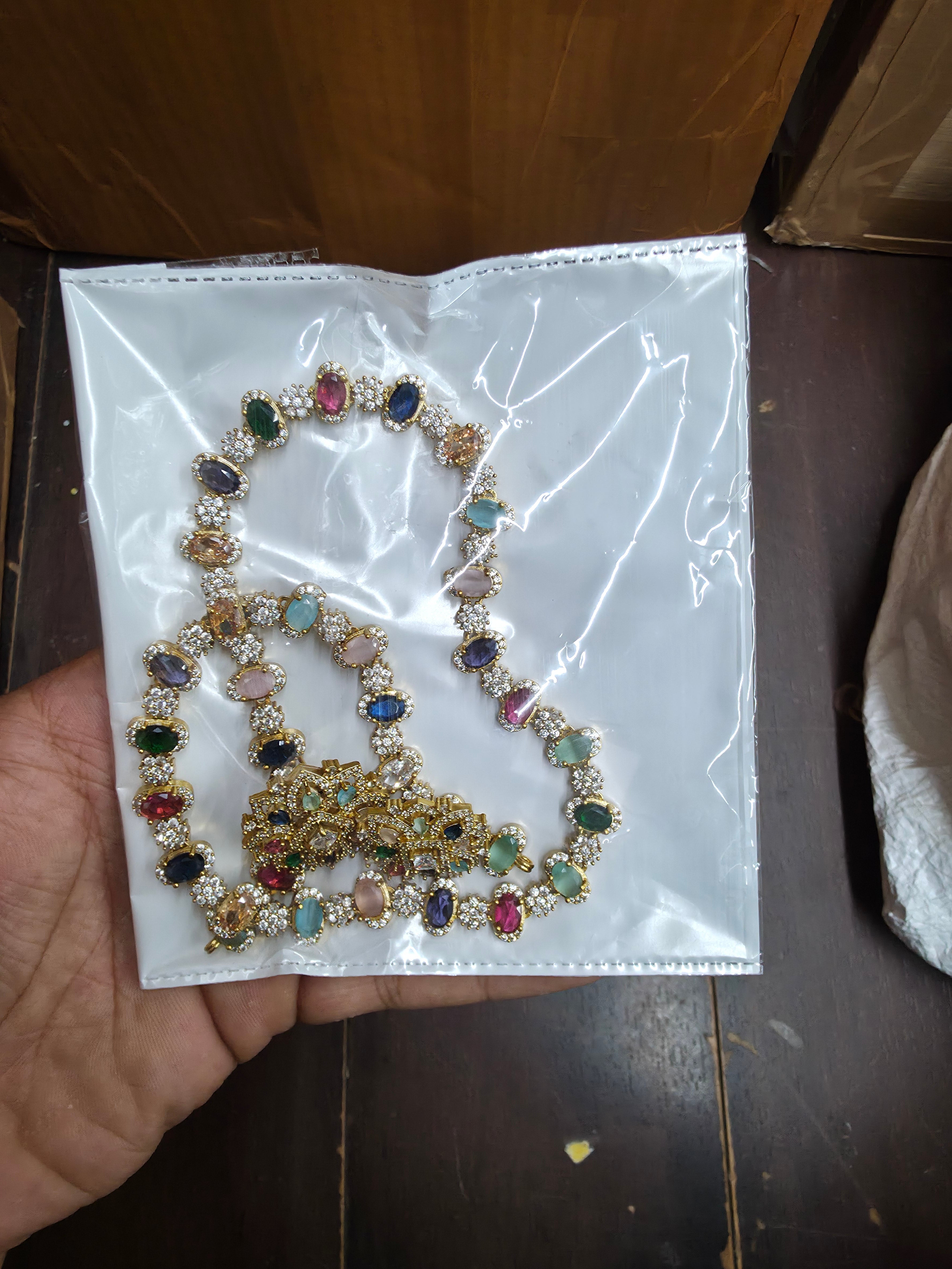 Antique Gold Navratna Style Festive Haram Set with Matching Studs
