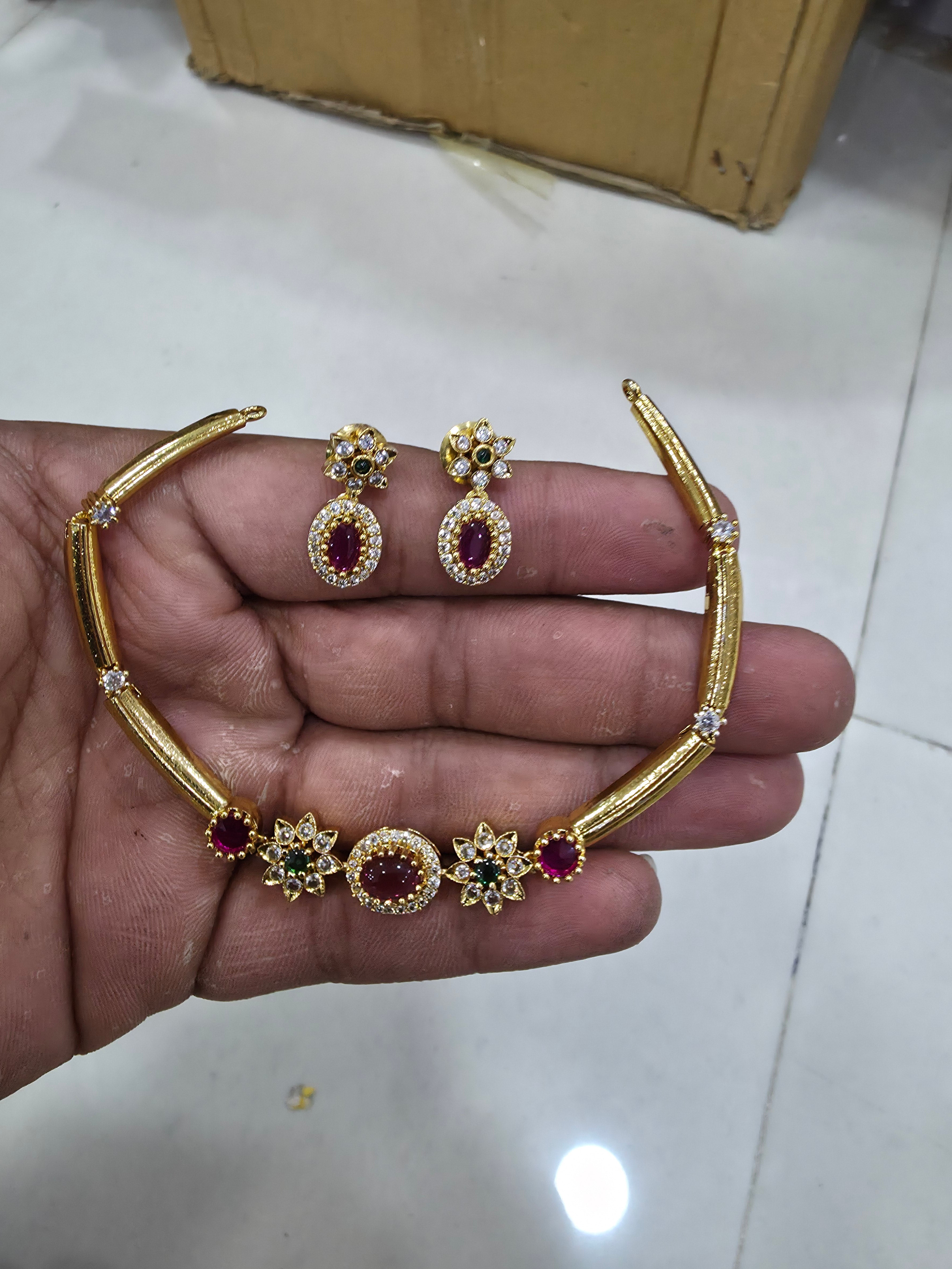 Elegant Gold-Plated Ruby & CZ Floral Hasli Choker Set