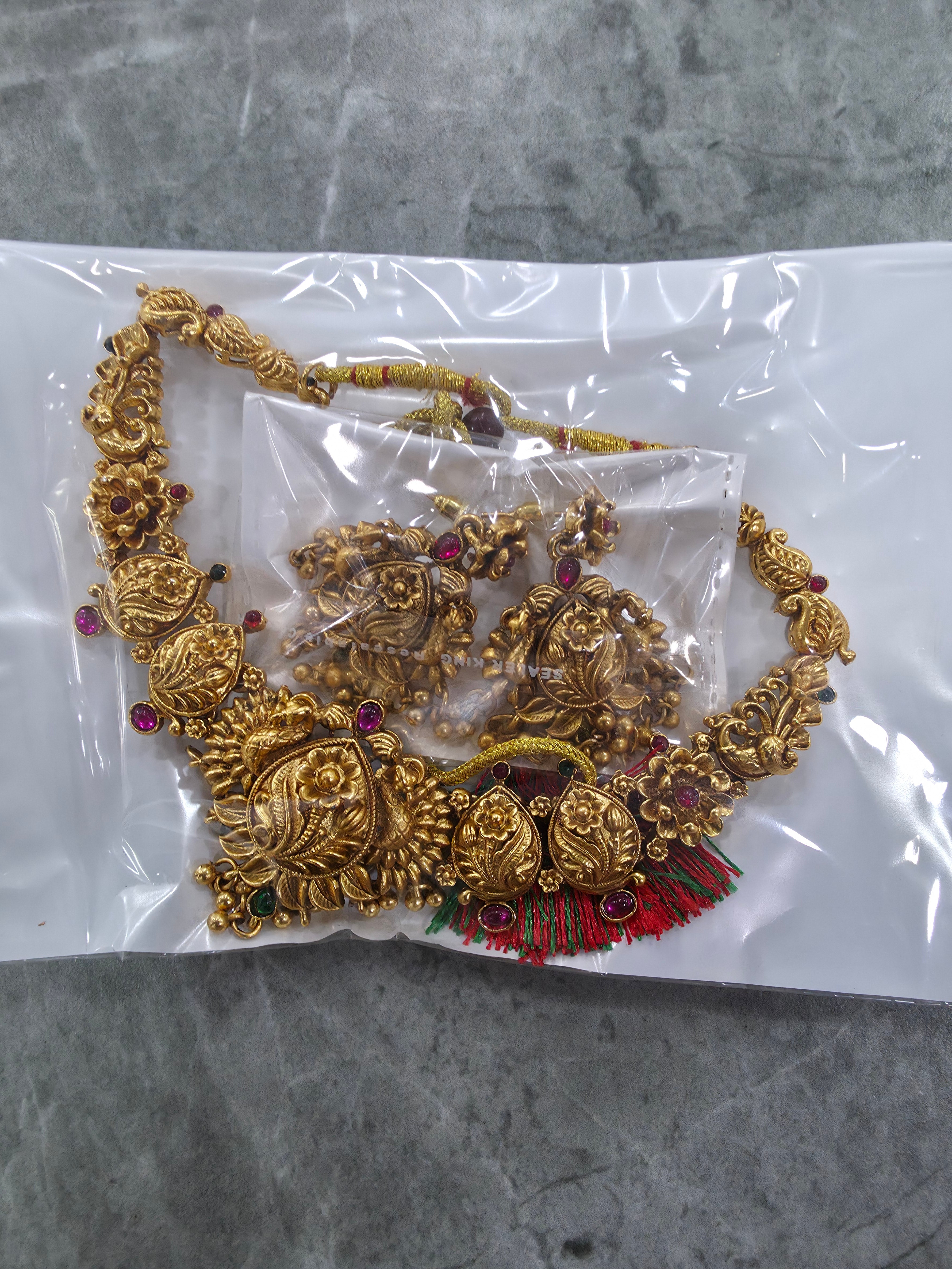 Antique Gold Floral Mango Temple Necklace Set
