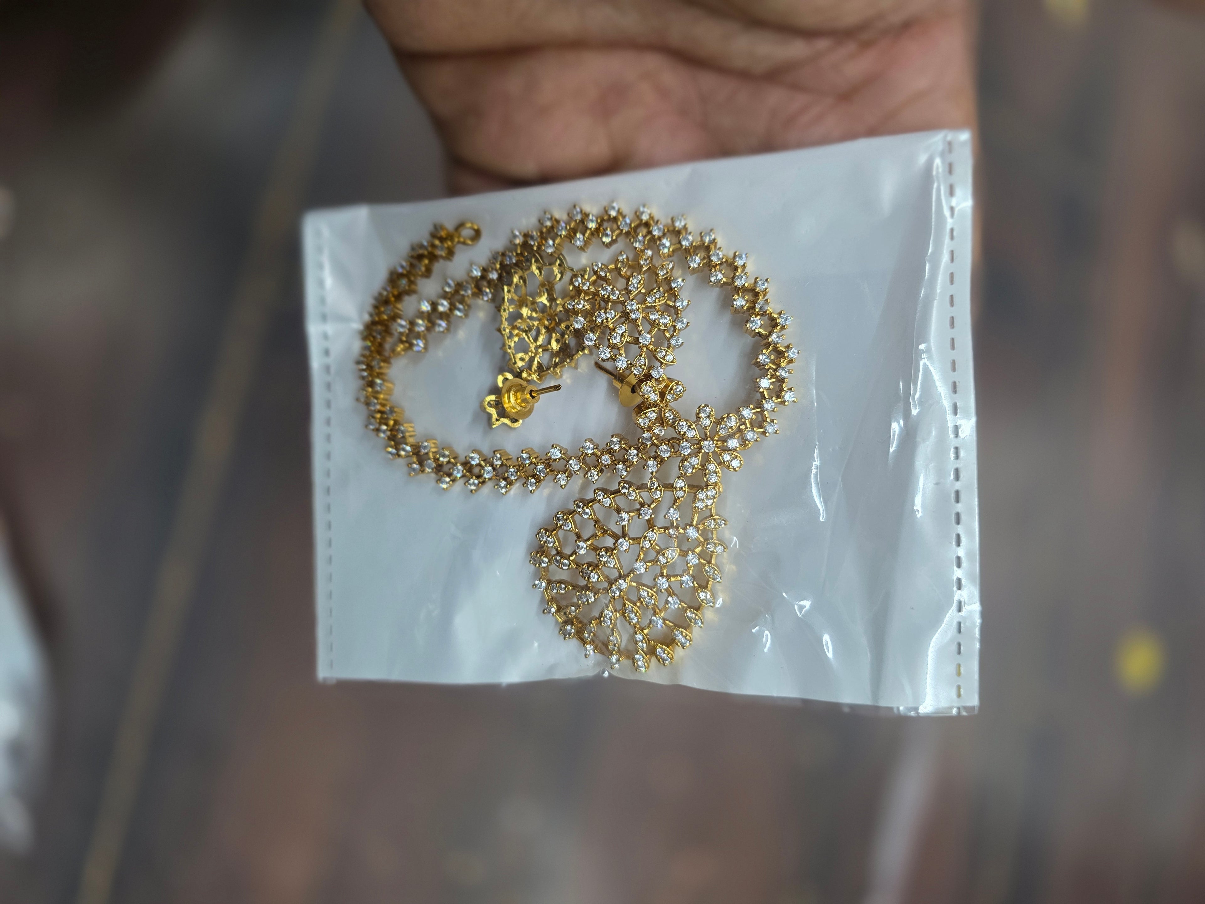 Elegant Gold-Plated American Diamond Floral Necklace Set with Matching Earrings
