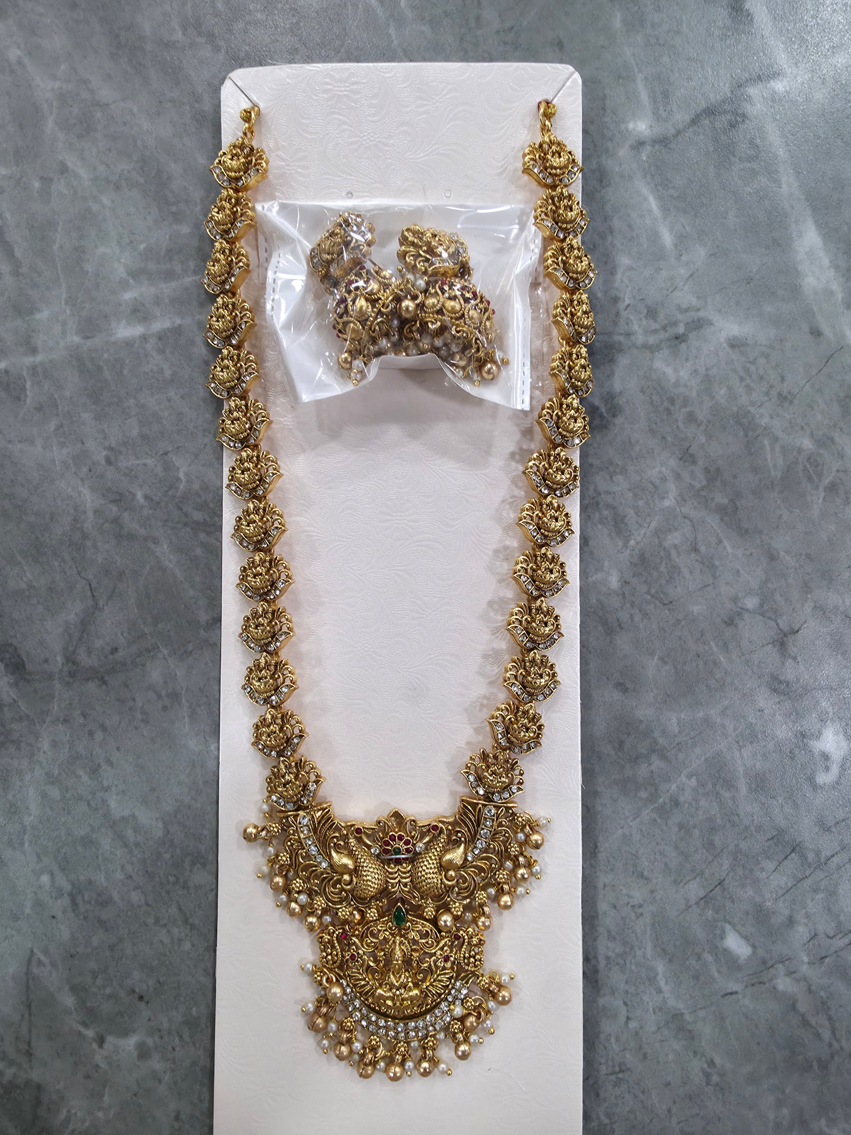 Antique Gold Lakshmi & Peacock Temple Haram Long Necklace Set