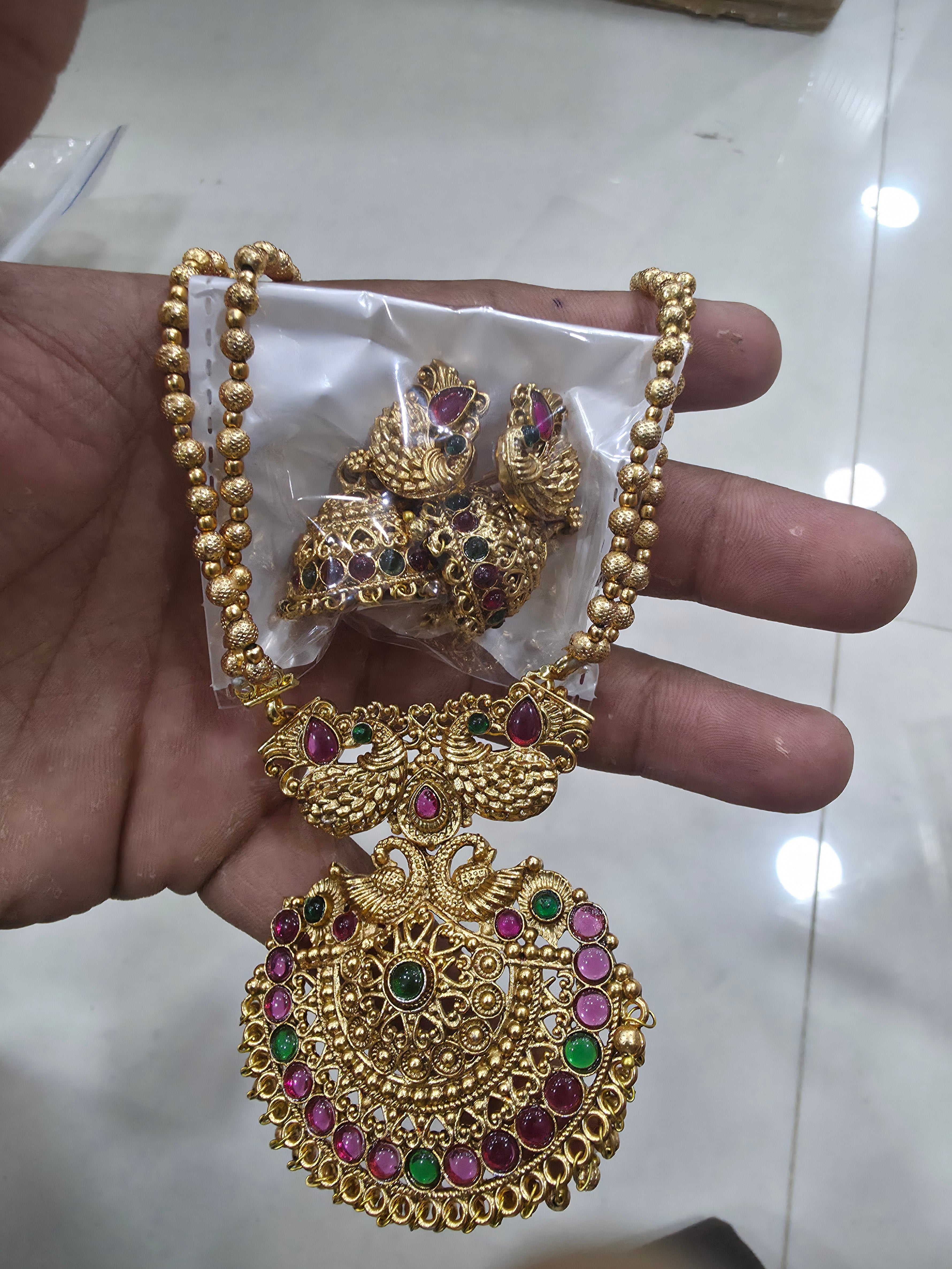 Antique Gold Round Peacock Pendant Haram Set