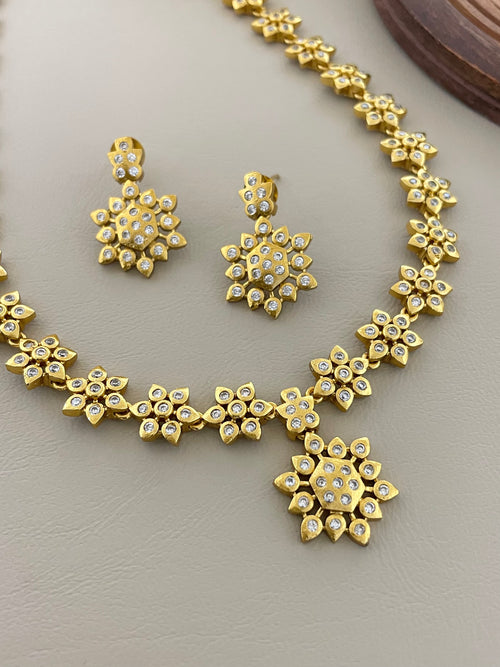 Antique Gold Classic American Diamond Starburst Festive Haram with Matching Earrings