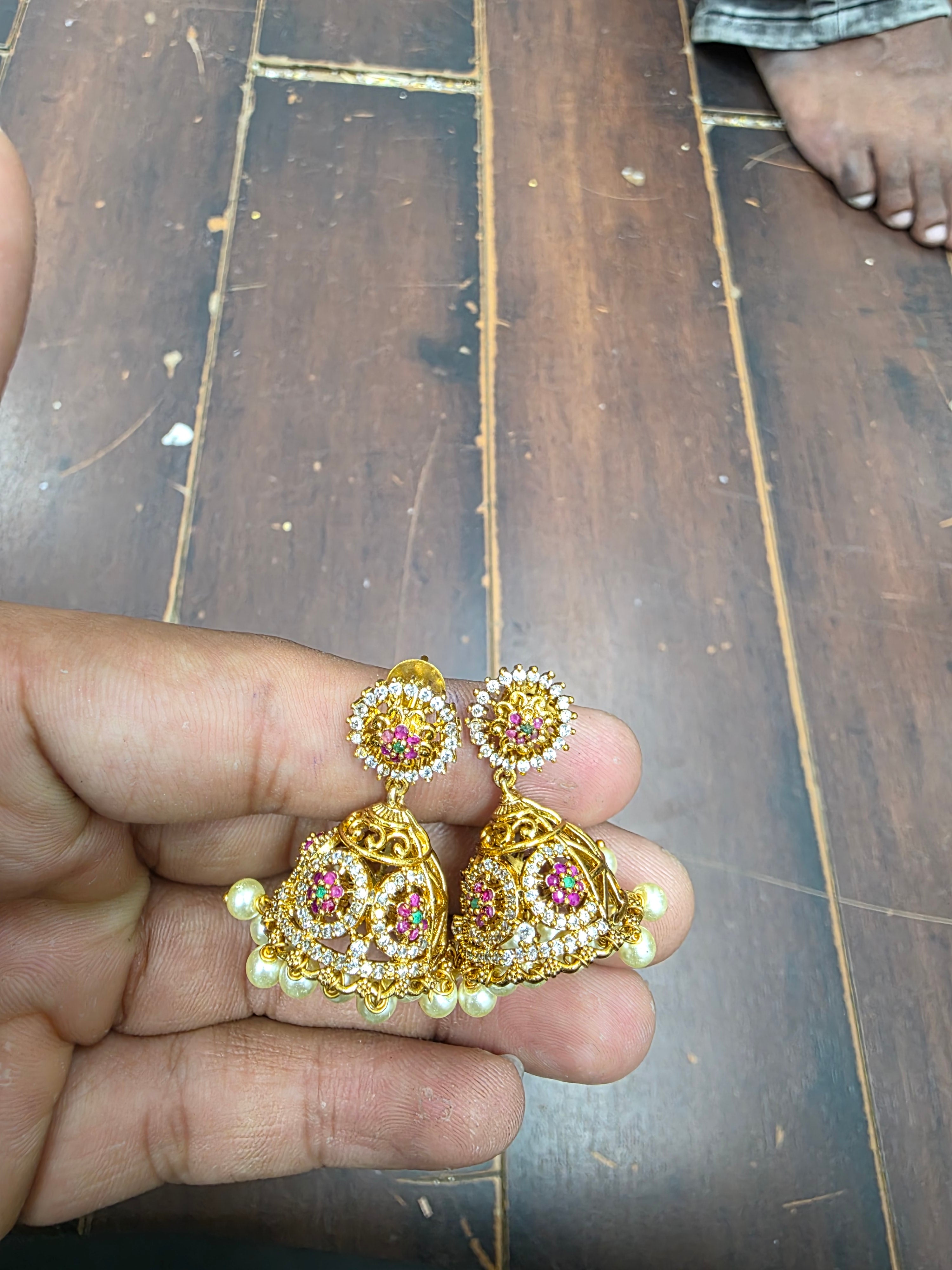 Gold-Plated CZ & Ruby Matt Finish Jhumka Earrings with Pearl Drops