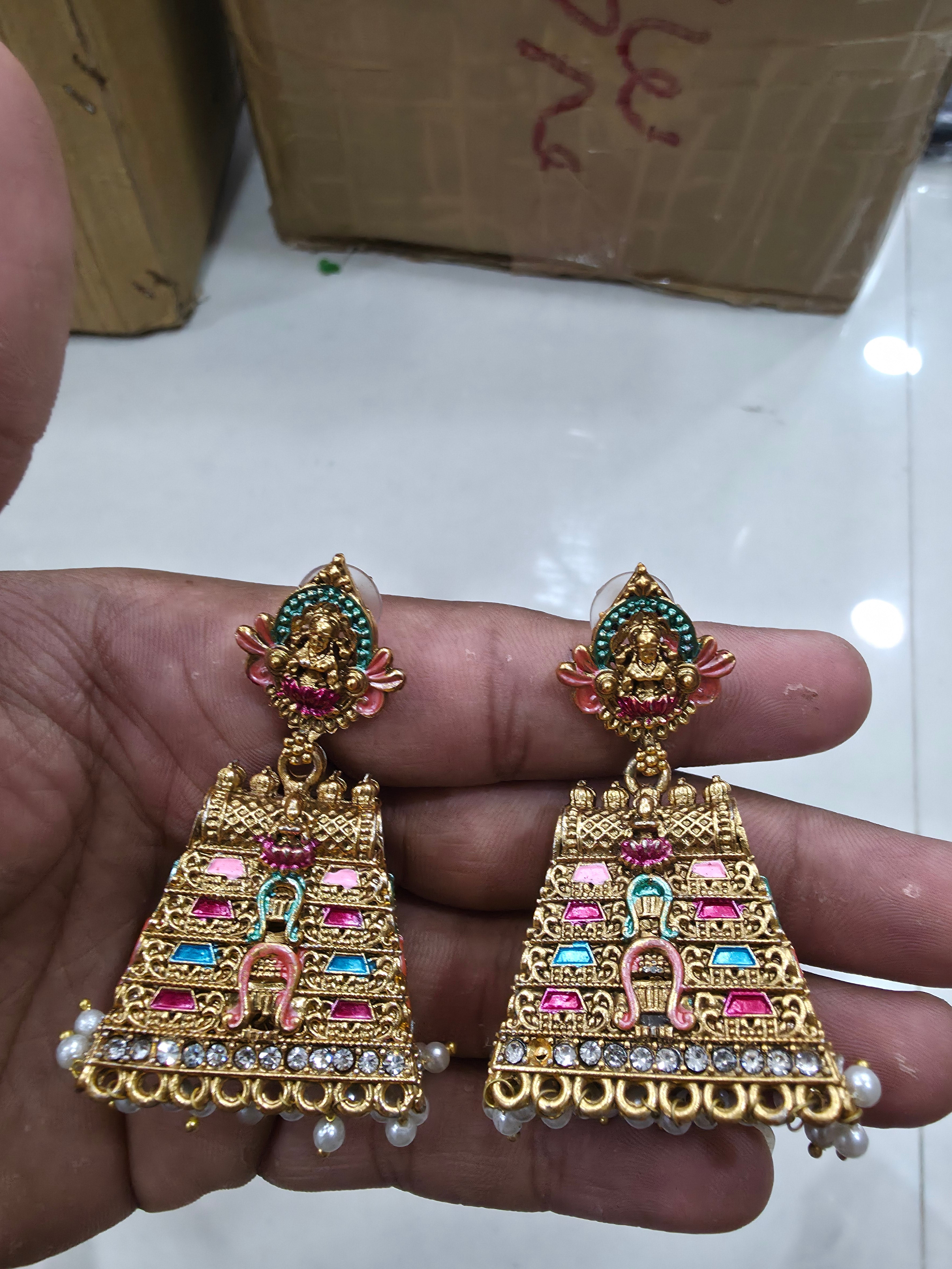 Gold-Plated Colorful Gopuram Temple Jhumka Earrings with Pearls