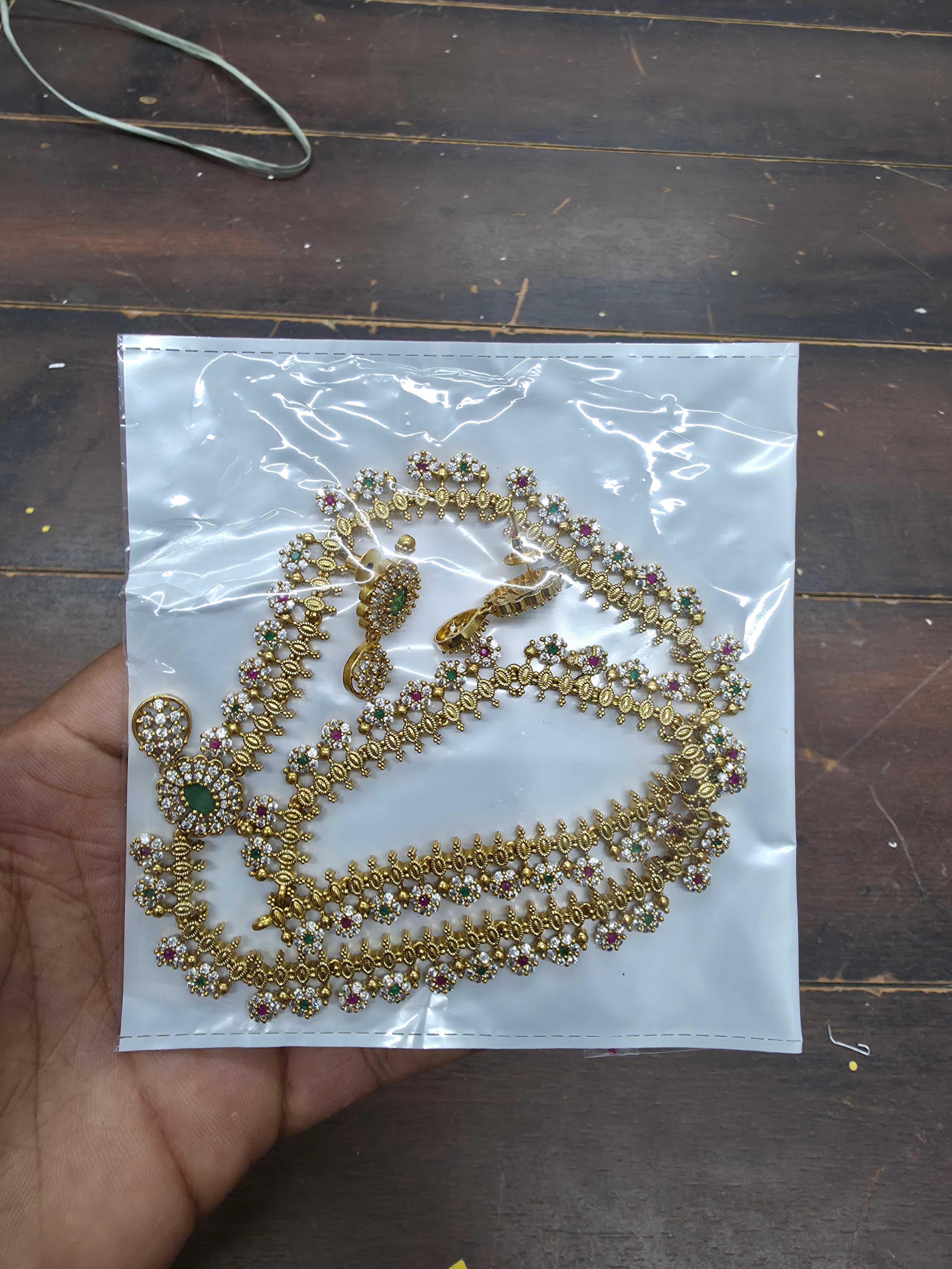 Antique Gold Matte Finish Traditional CZ and Kemp Stone Haram Set with Matching Earrings