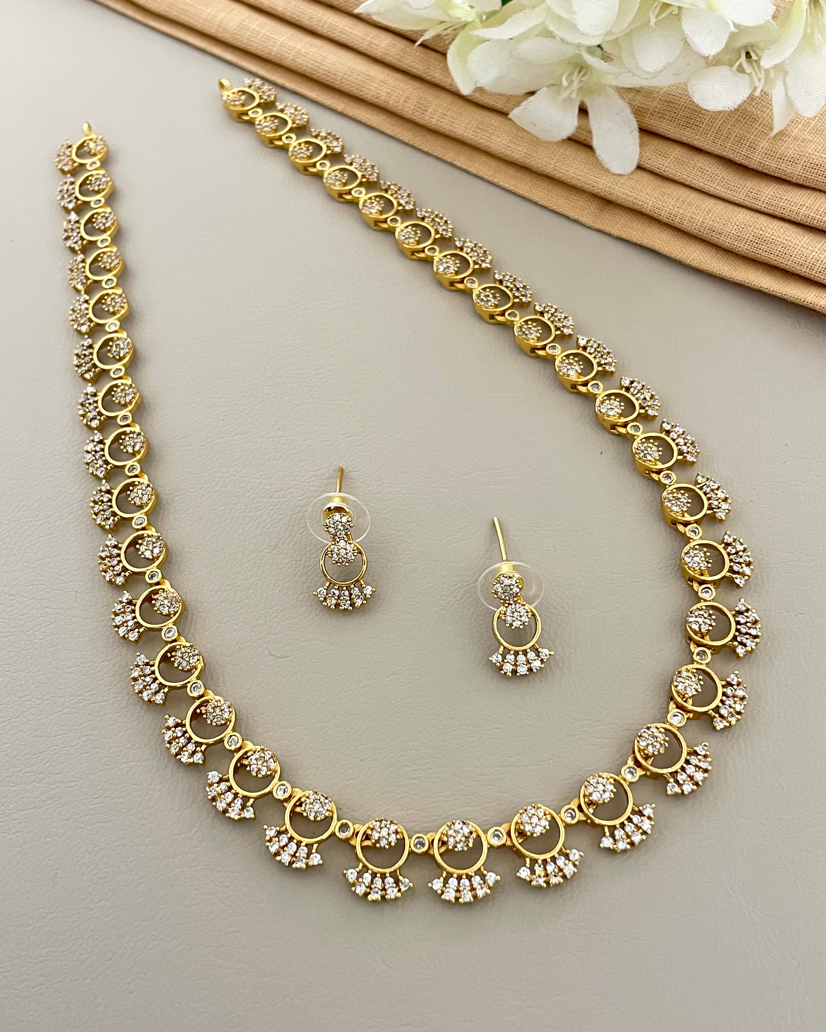 Antique Gold Classic American Diamond Festive Haram with Matching Earrings