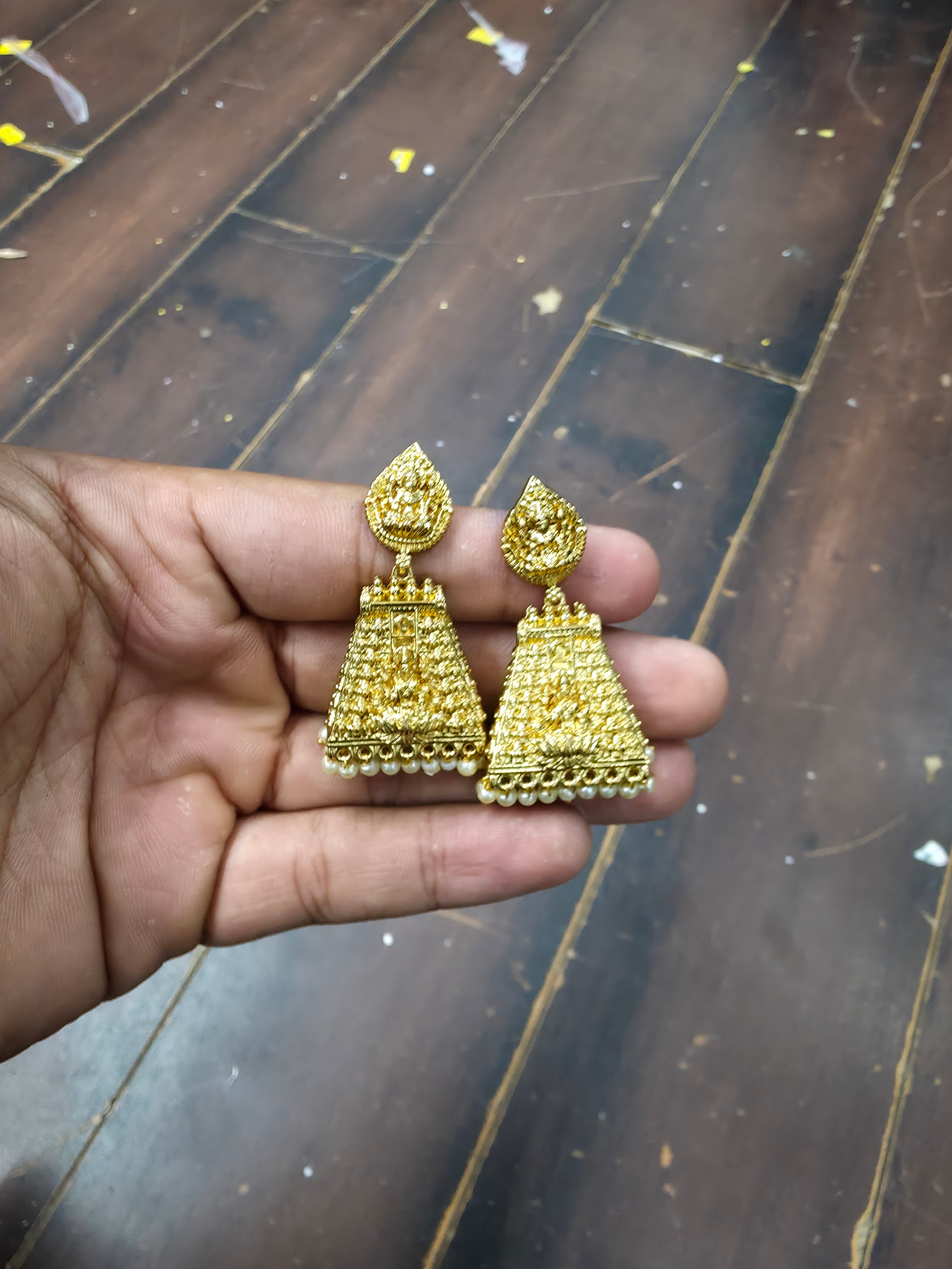 Gold-Plated Lakshmi Temple Jhumka Earrings with Pearl Borders
