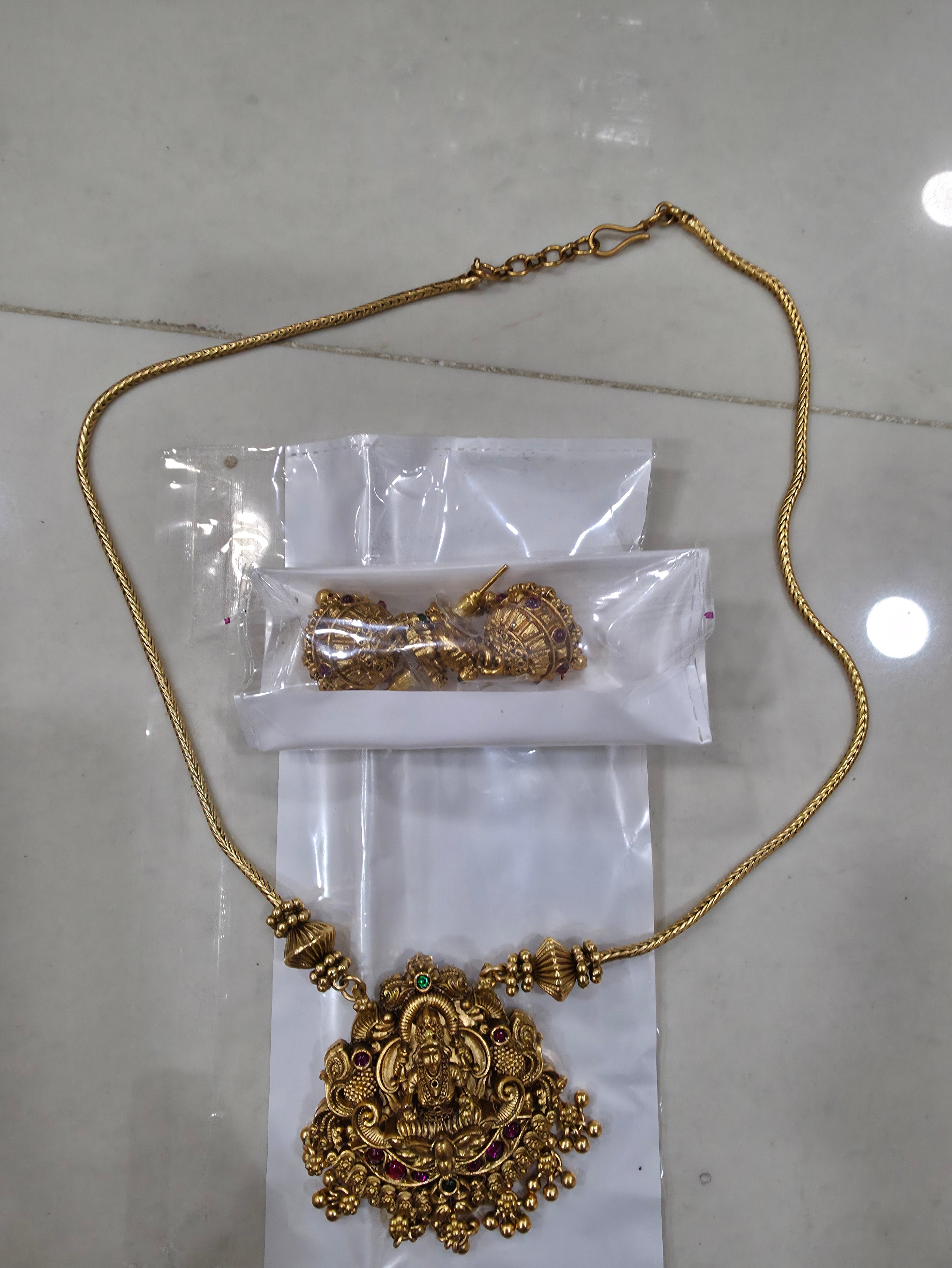 Traditional Matte Gold South Indian Nakshi Laxmi Pendant Haram Set