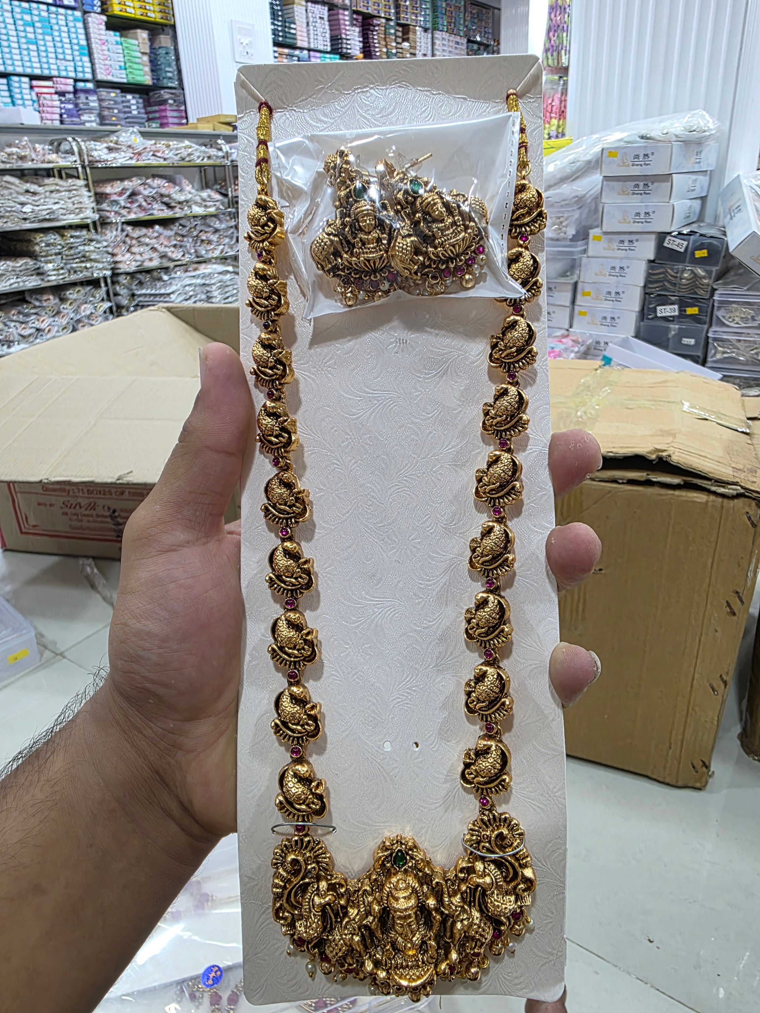 Antique Gold-Plated Temple Haram Set with Goddess Laxmi Pendant