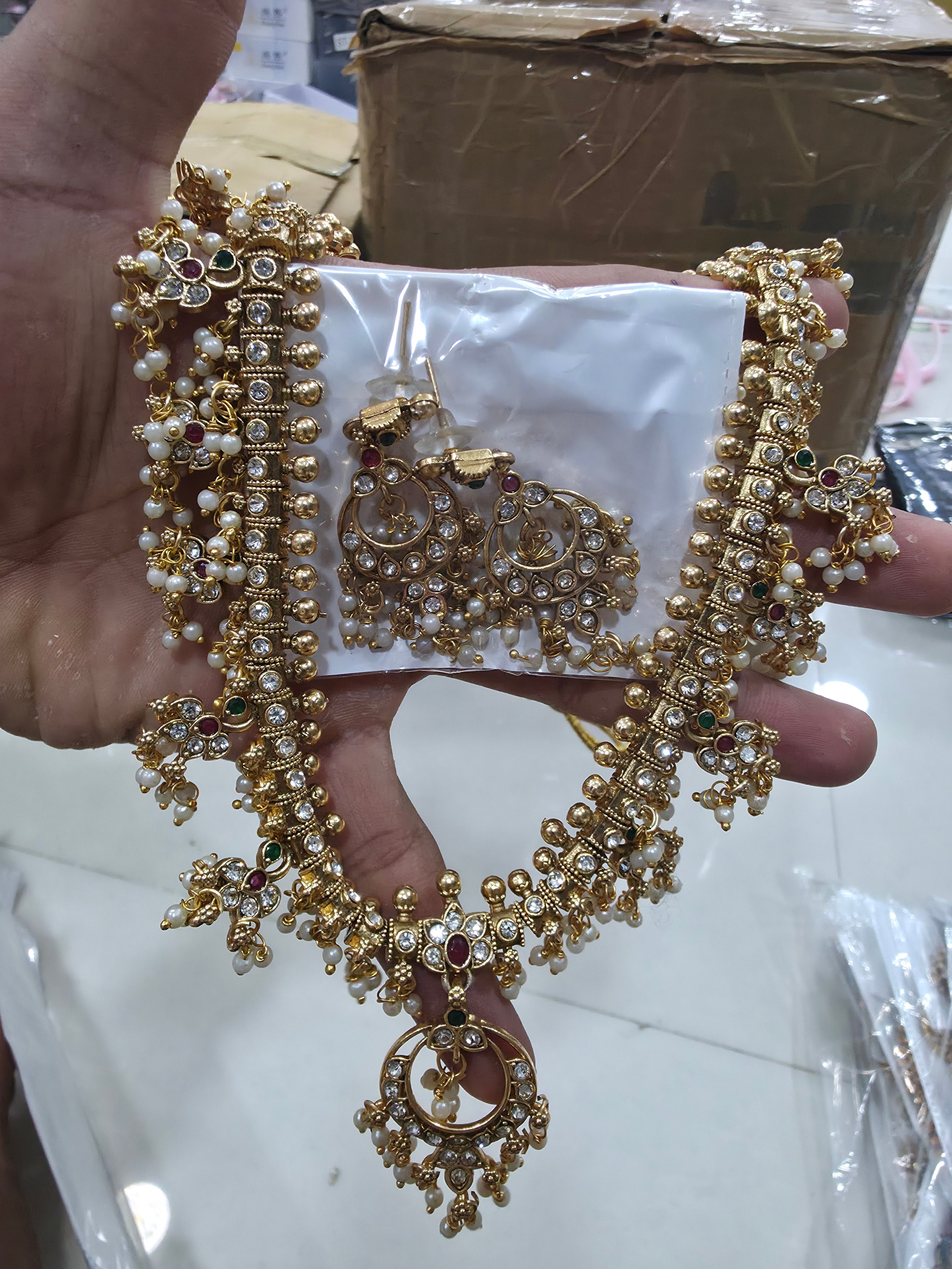 Gold-Plated CZ Stone Temple Choker Set with Pearl Clusters