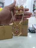 Gold-Plated Peacock Pendant Layered Pearl Chain Haram Set