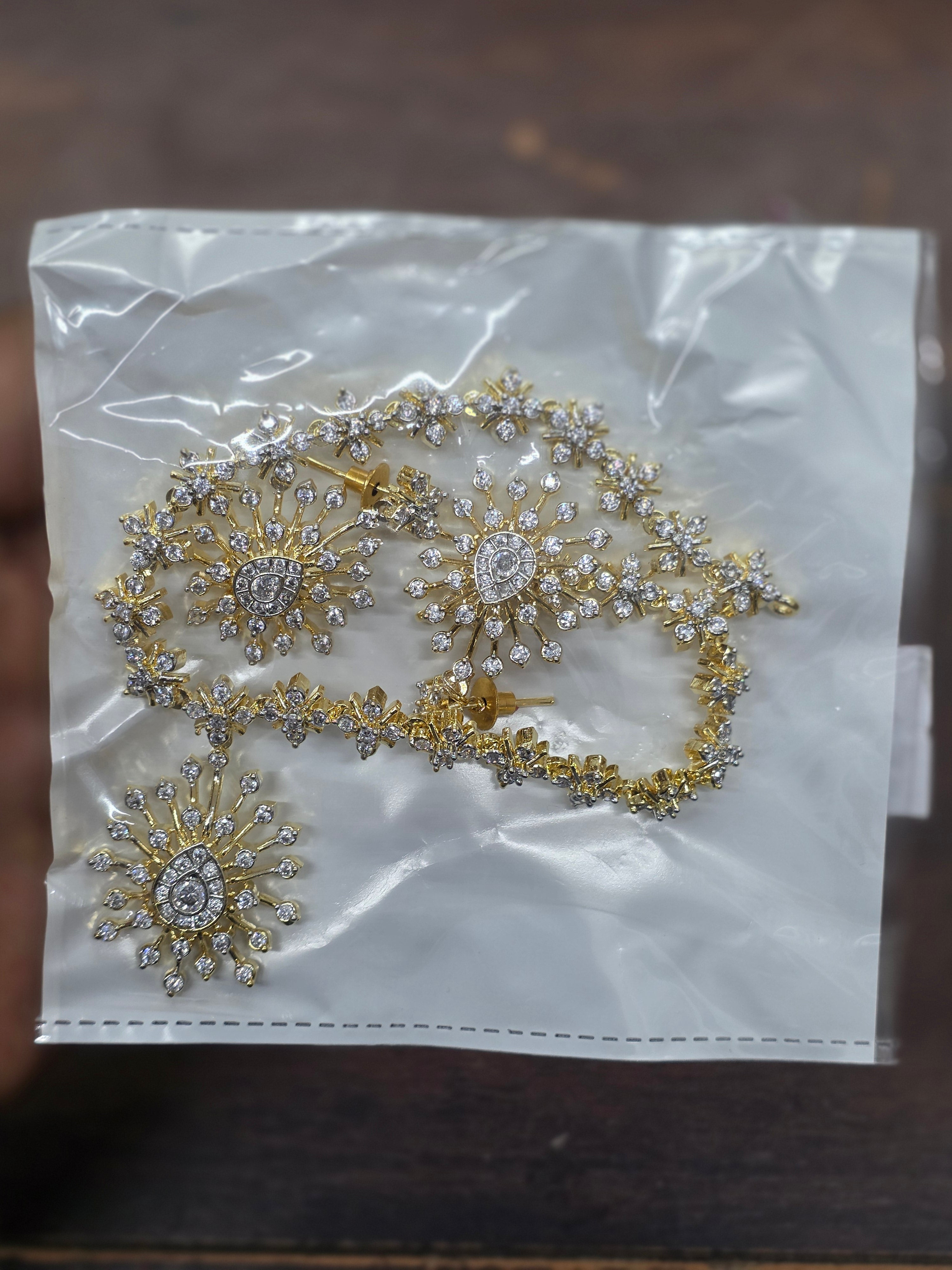 Floral Burst Gold-Plated CZ Choker with Matching Earrings