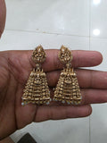 Gold-Plated Gopuram Temple Jhumka Earrings with Pearls