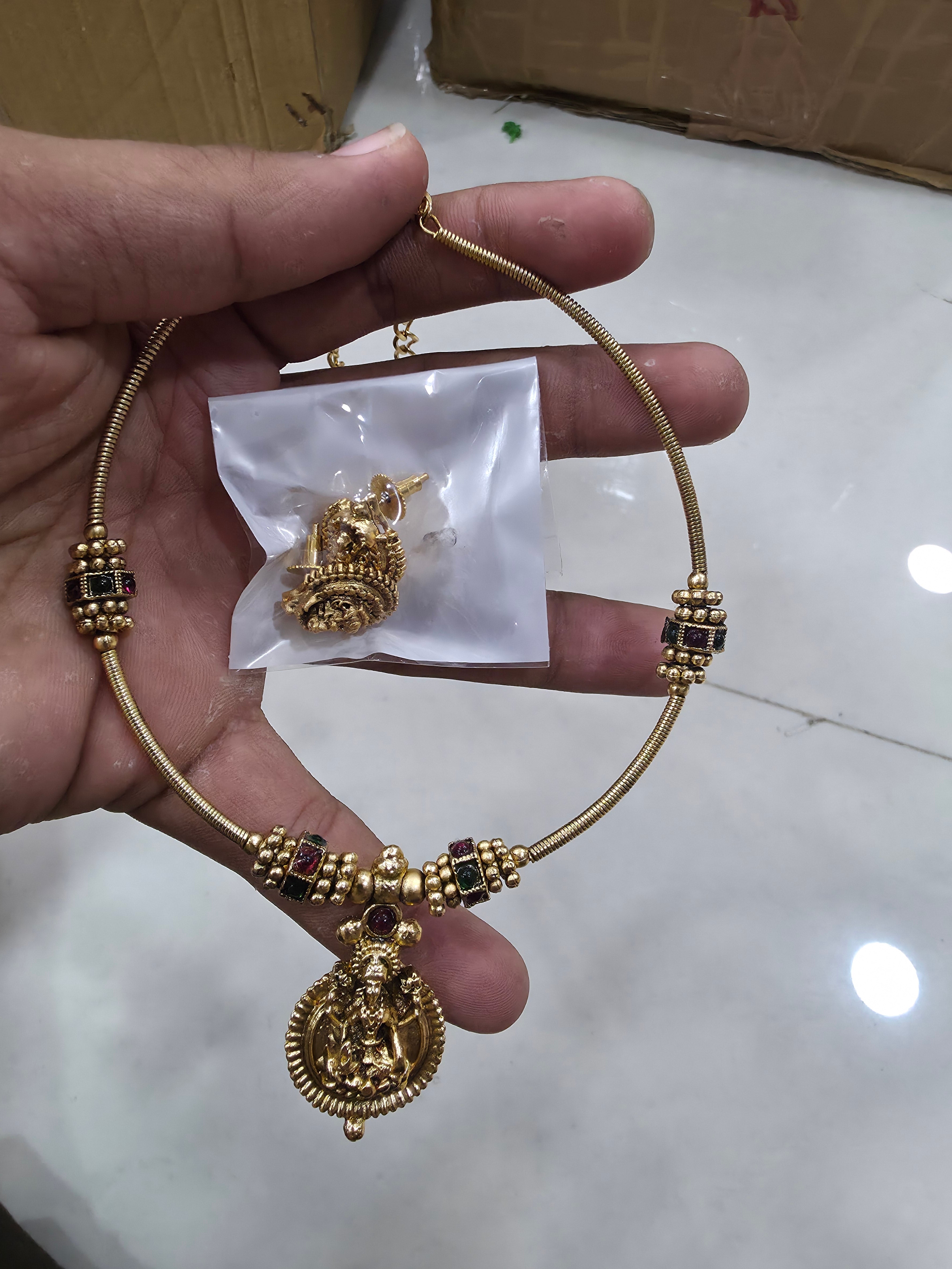 Gold-Plated Laxmi Coin Choker Necklace Set with Kemp Accents