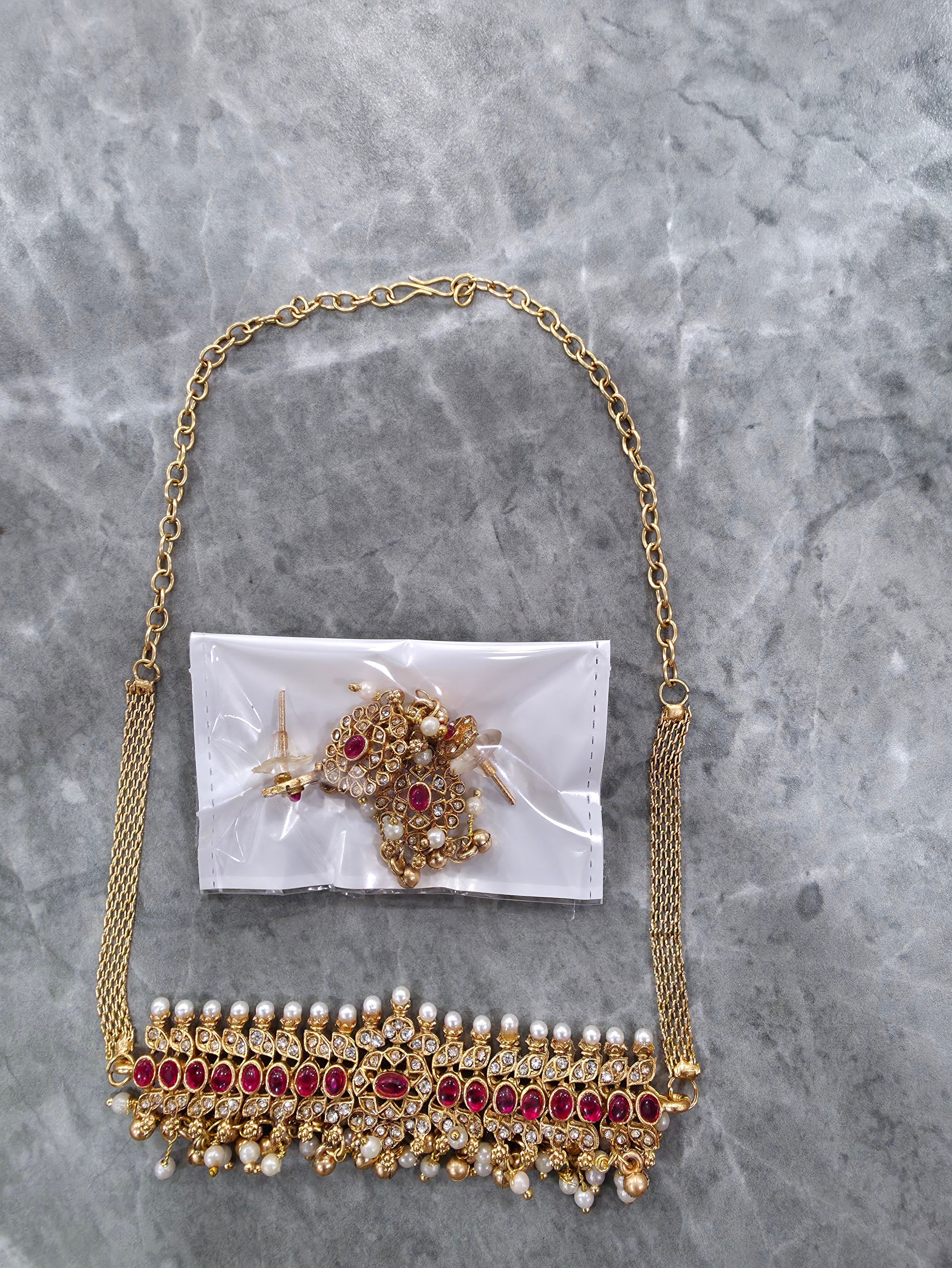 Traditional Ruby and White Stone Gold Plated Choker Necklace Set