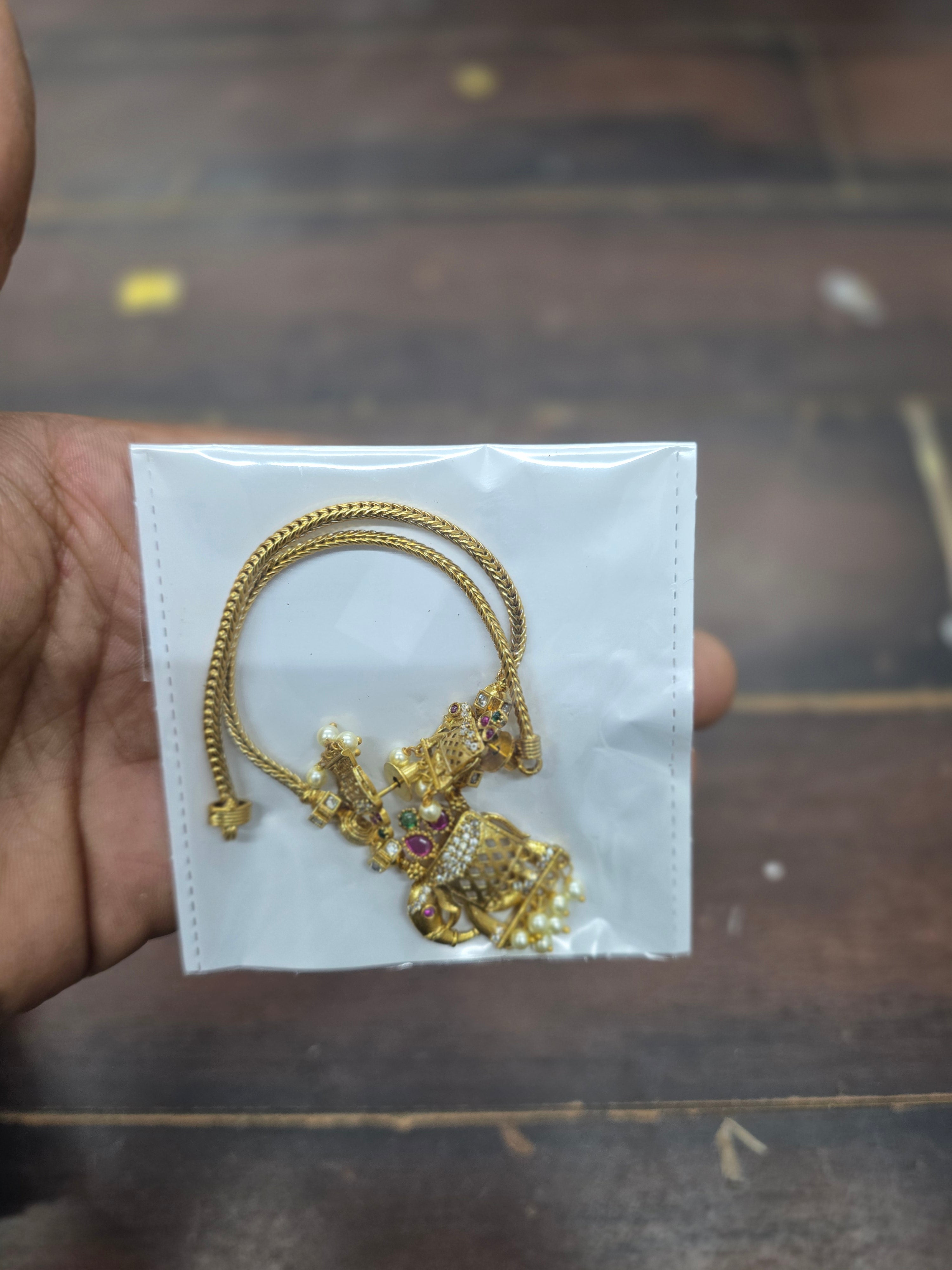 Antique Matte Gold Temple Pendant Choker Set with Jhumka