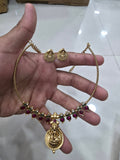 Gold-Plated Temple Choker Necklace Set with Ruby Pink Stones