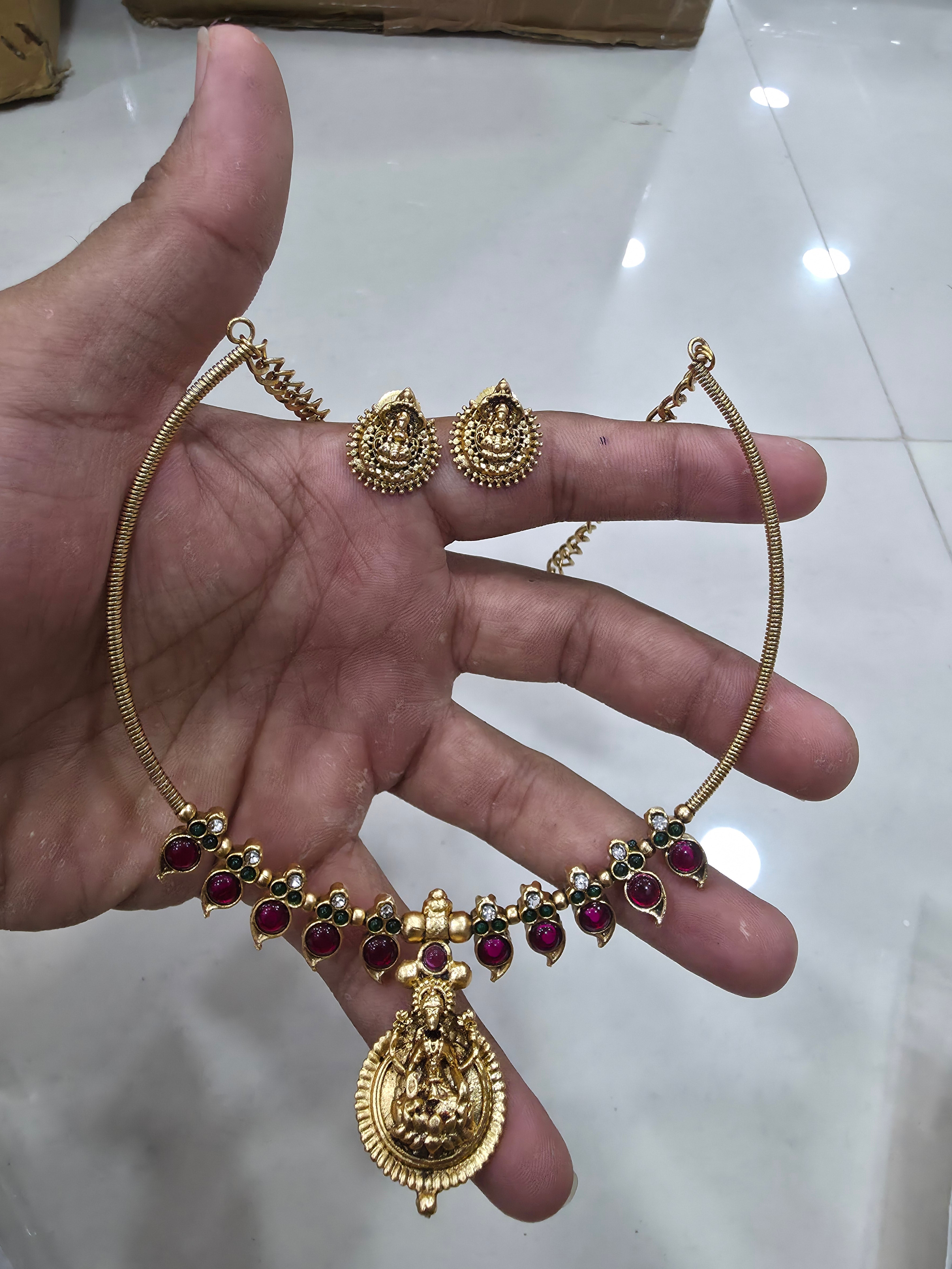 Gold-Plated Temple Choker Necklace Set with Ruby Pink Stones