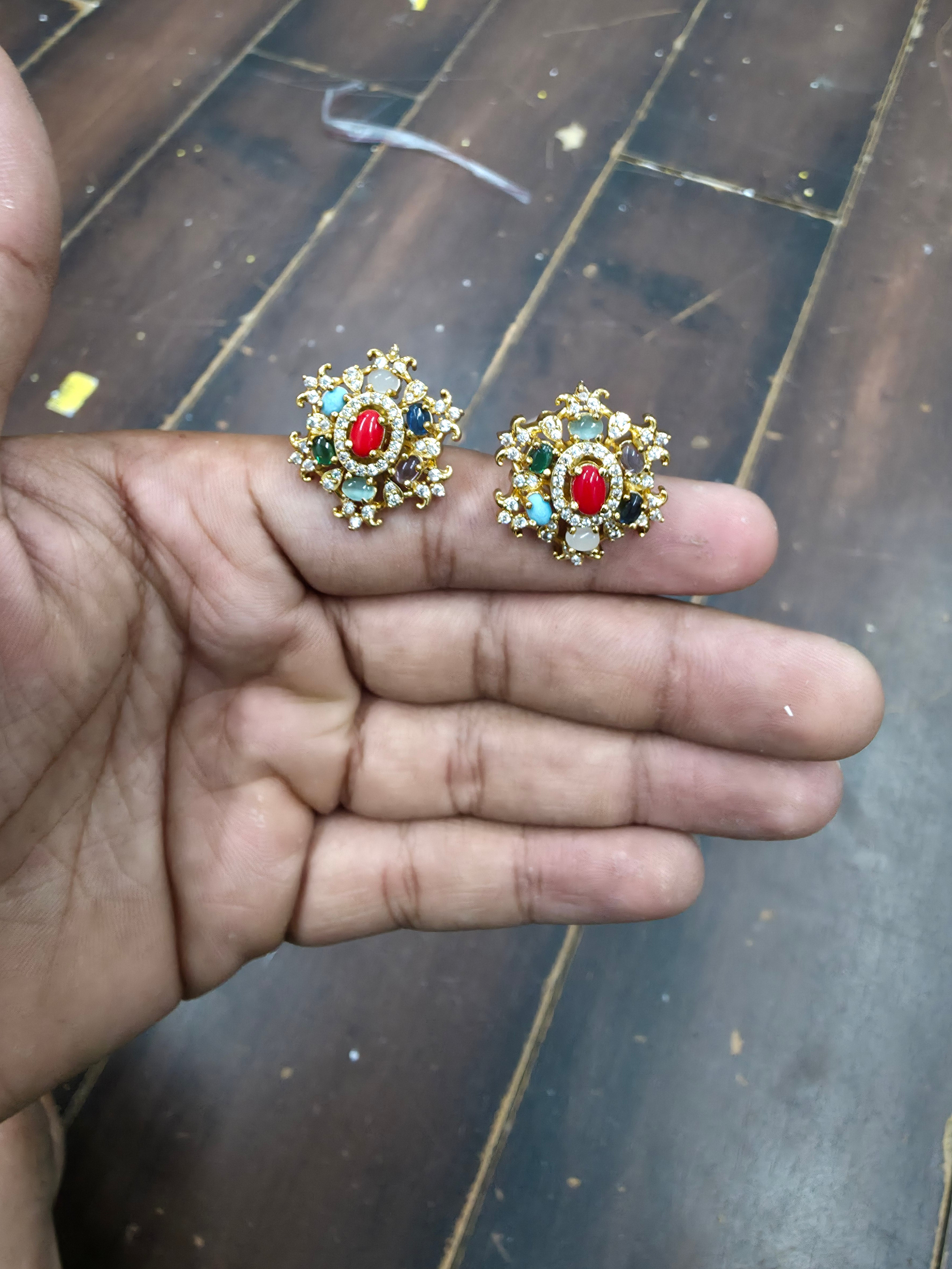 Gold-Plated Navratna Style Multi-Stone Stud Earrings with CZ Accents