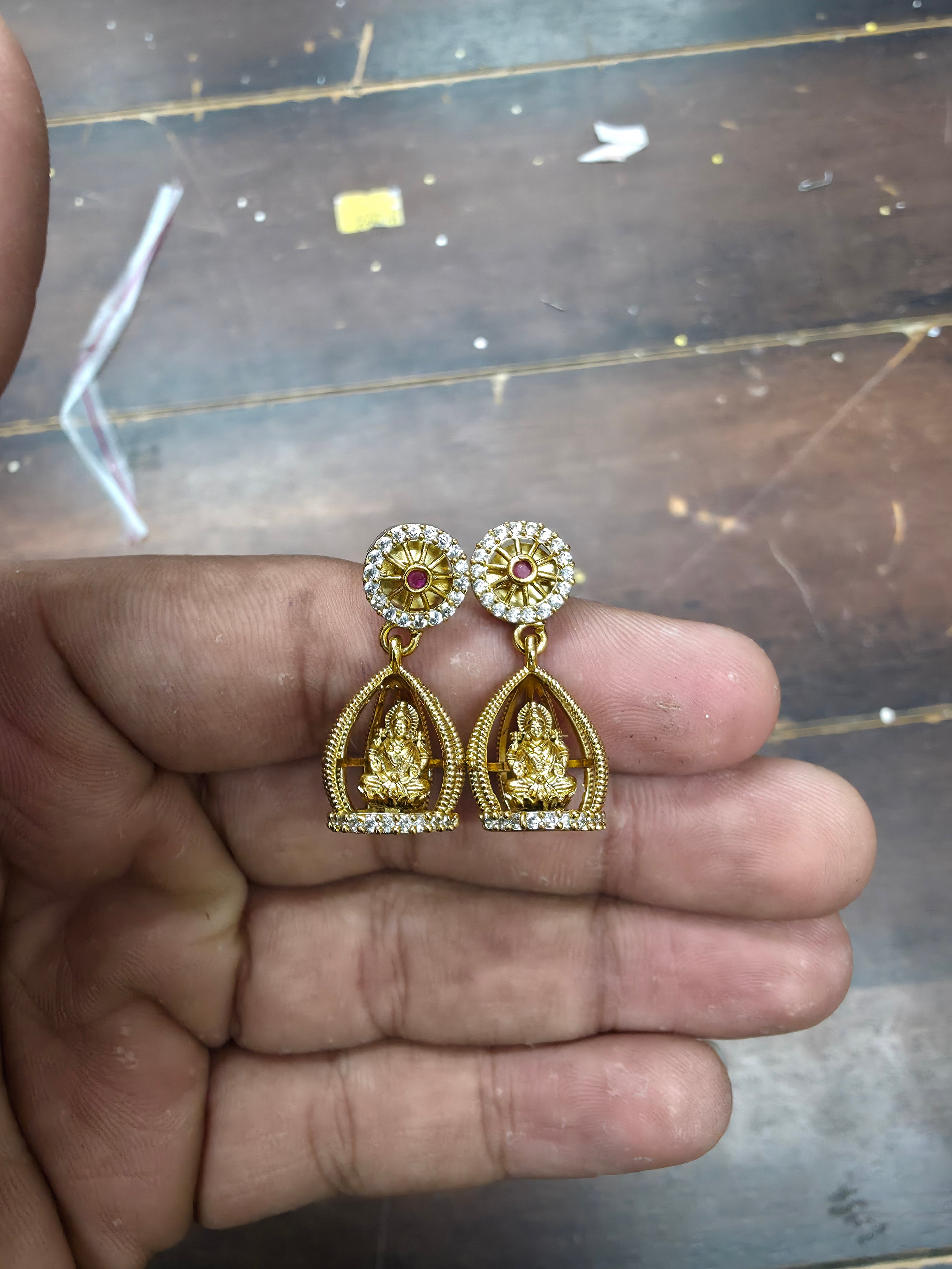 Gold-Plated Goddess Lakshmi Temple Drop Earrings with CZ Borders