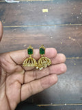 Gold-Plated Emerald Green Stone Jhumka Earrings with Pearl Drops