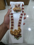 Gold-Plated Lotus Motif Temple Haram Set with Kemp Stones