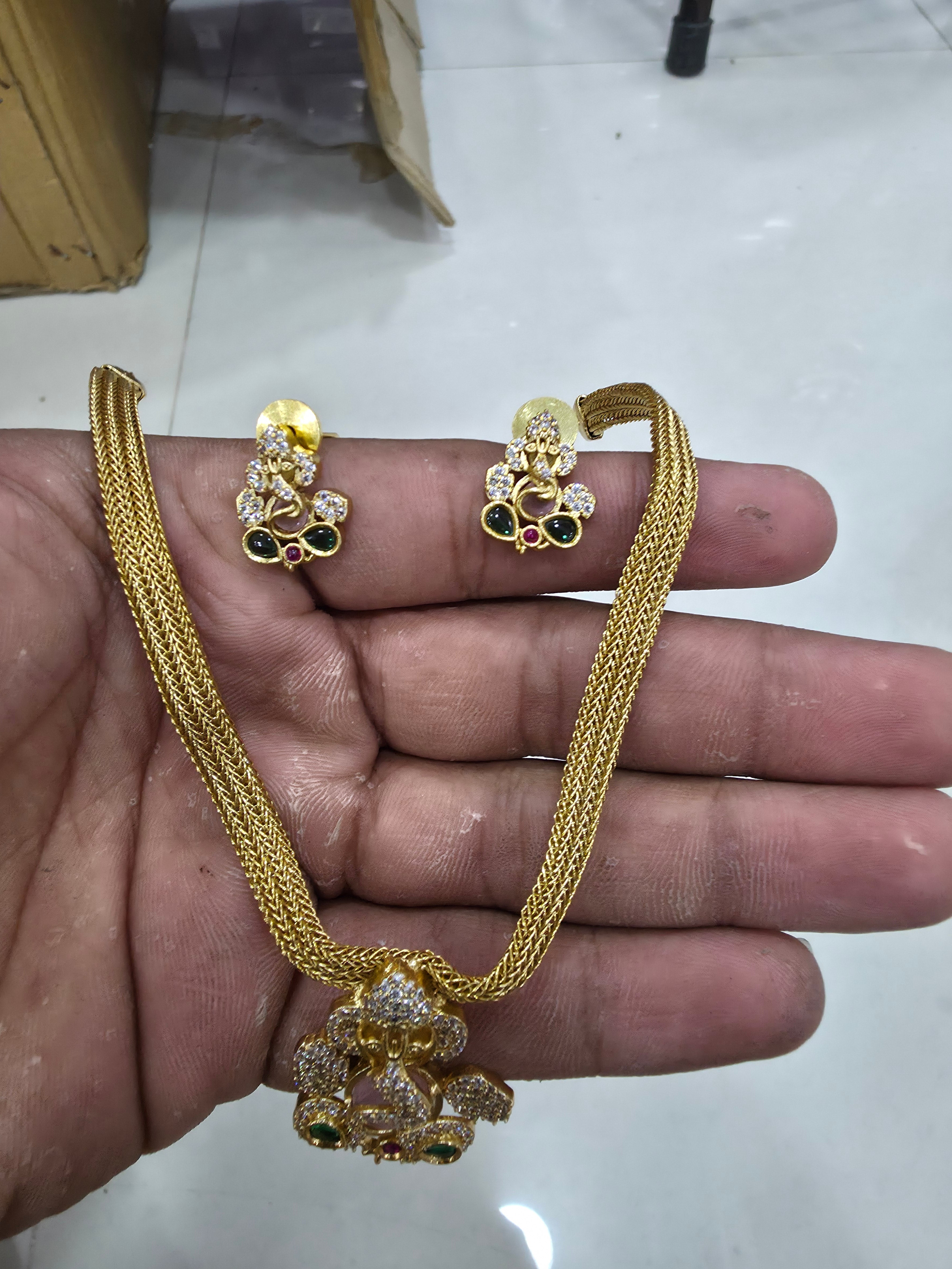 Traditional Gold-Plated CZ & Kemp Ganesha Necklace