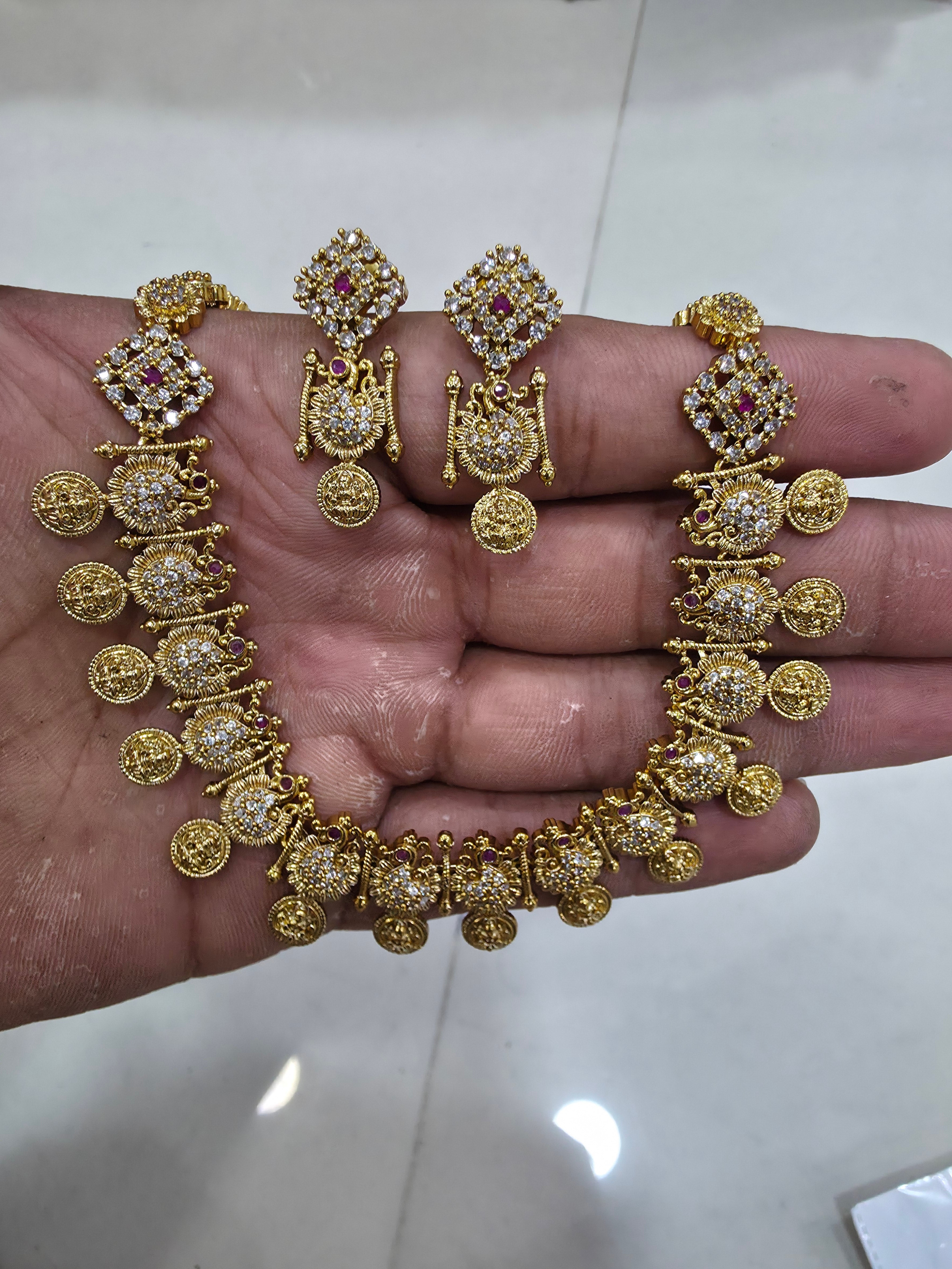 Traditional Gold-Plated Lakshmi Kasu CZ Choker Necklace