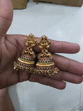 Traditional Matte Gold South Indian Ruby & Emerald Kemp Jhumkas