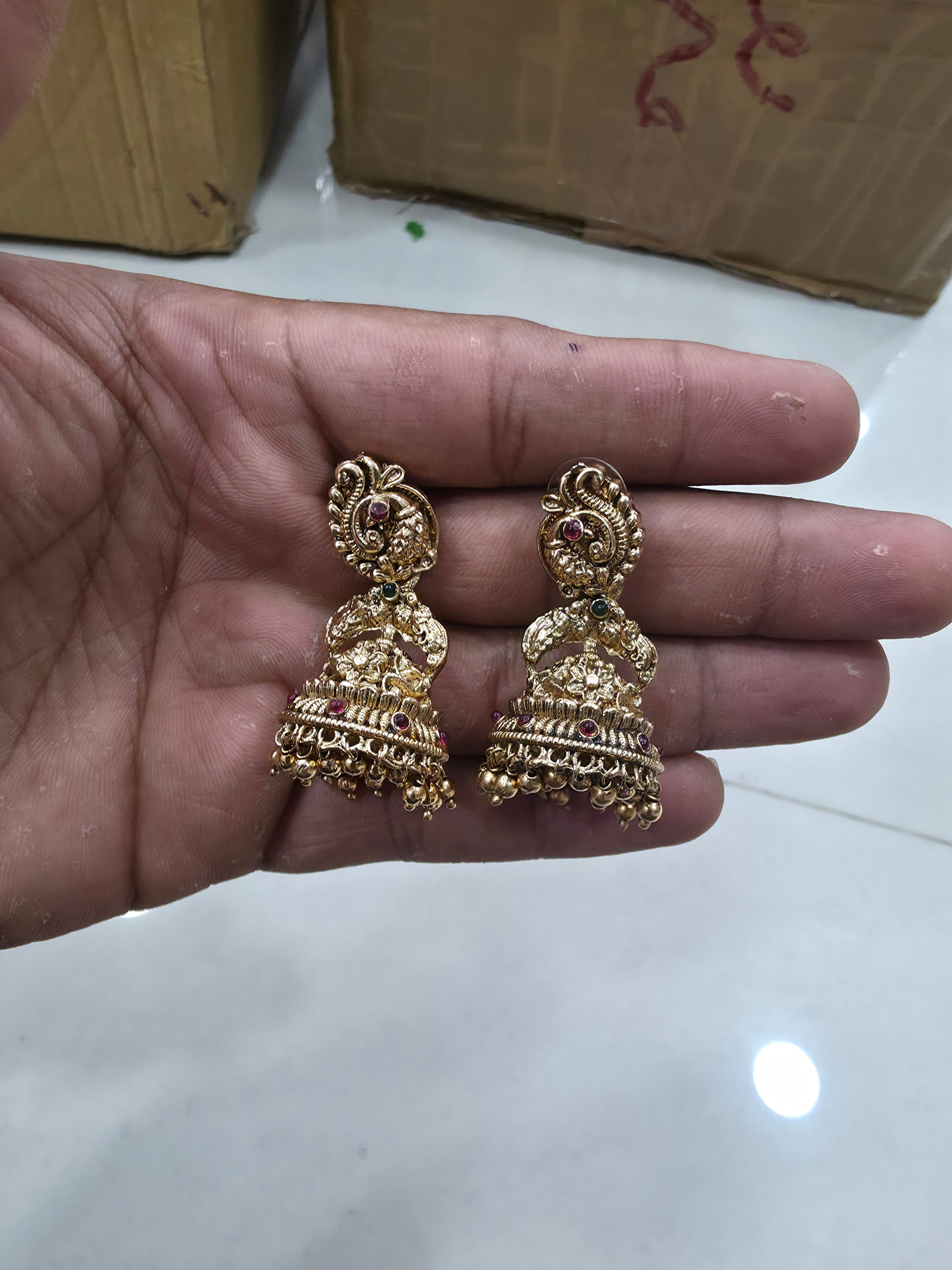 Gold-Plated Peacock Temple Jhumka Earrings with Ruby