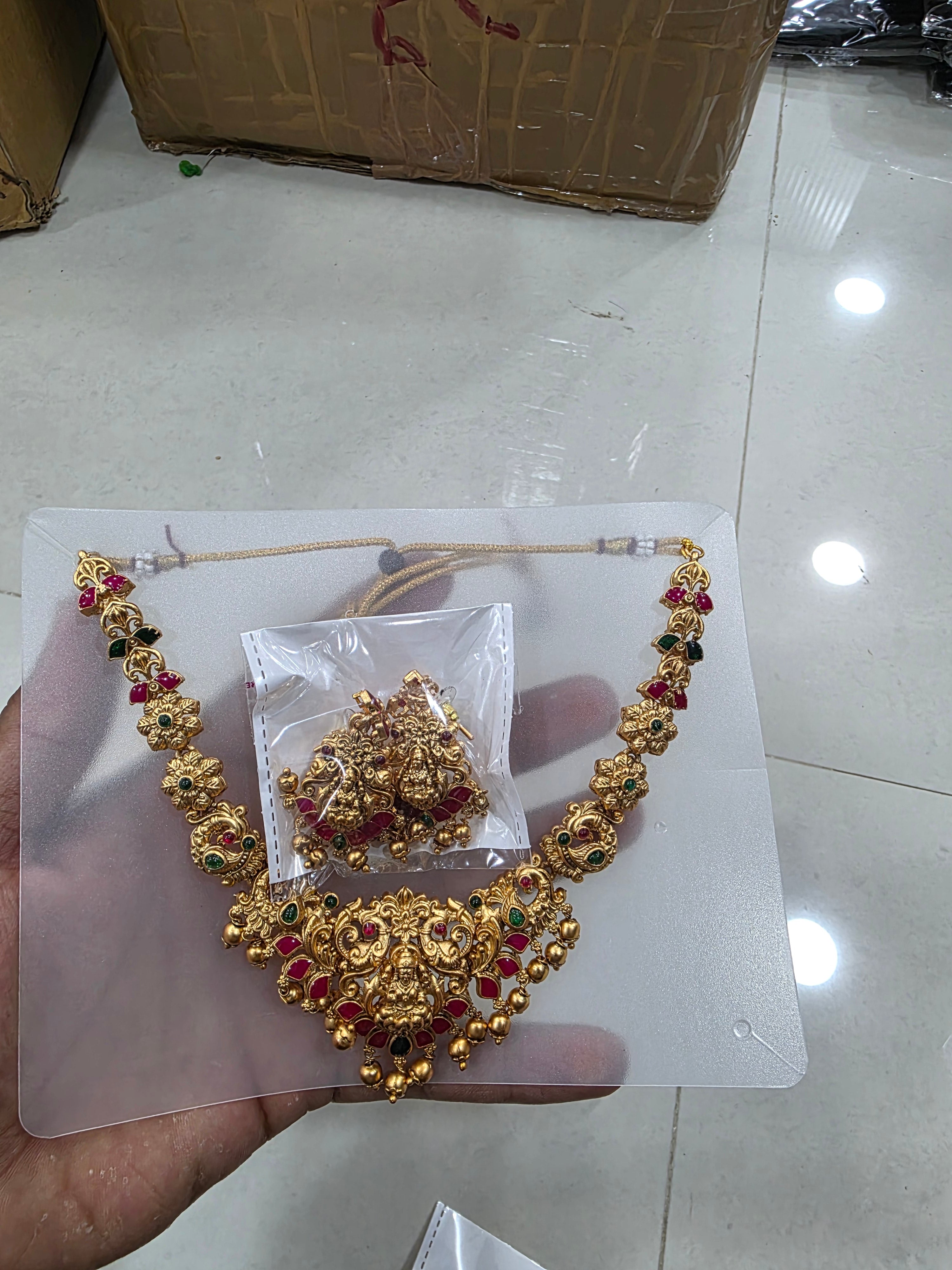 Traditional Matte Gold Nakshi Peacock Haram Short Necklace Set