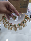 Gold-Plated Guttapusalu Choker Set with Green Stones